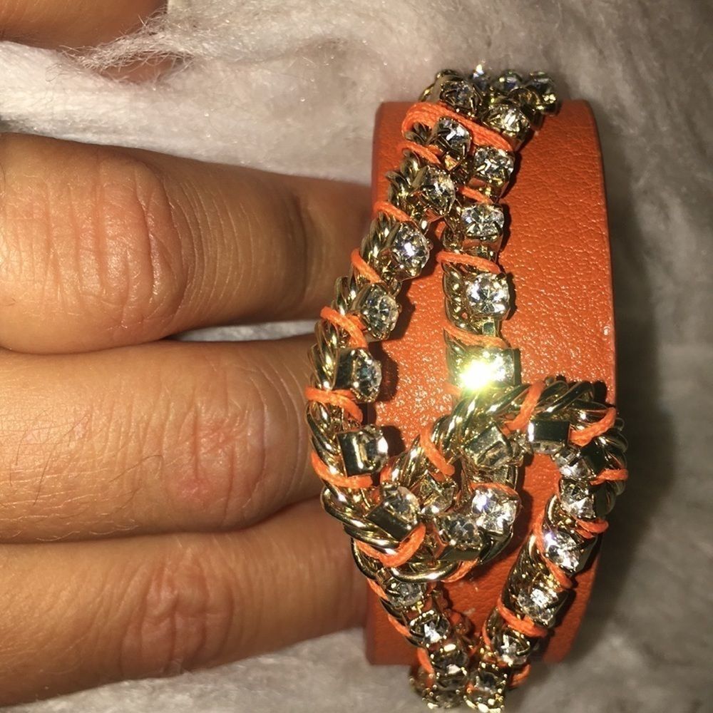 NWOT YIK FUNG ORANGE LEATHER RHINESTONE BRACELET - Picture 2 of 6